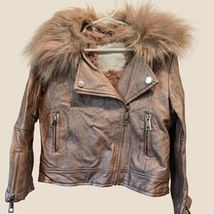 Matalan Girlswear Rose Gold Metallic Faux Leather Moto Jacket Faux Fur Trim 6Y